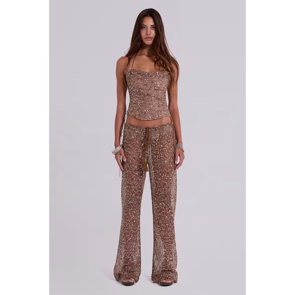 NWT Jaded London Deva Sequin Mesh Knit Corset Tank & Drawcord Trouser Sand US 0